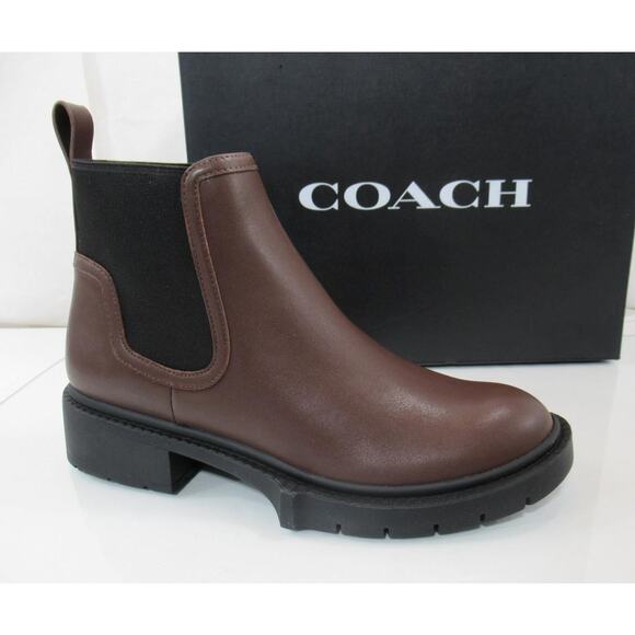 Women's Coach Lenora Leather Pull On Lug Sole Booties Maple Brown - Picture 1 of 8